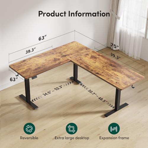 Image of FEZIBO 75x63 L Shaped Standing Desk, Electric Height Adjustable L Shaped Desk, Suitable for Home Office, Vintage-Brown