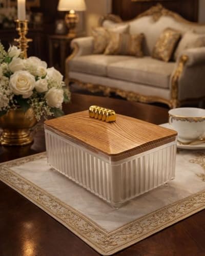 Sella Serving Box with Wooden Lid and Gold Handle, Clear Acrylic Multi Use for Dates, Nuts and Desserts, Luxury Modern Design