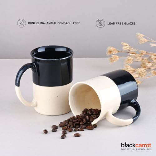 Image of BLACKCARROT White & Black Coffee Mug Set of 2 | 300 ml Ceramic Tea Mugs, Microwave Safe, Bone China Free, Ideal Gift for Best Friend
