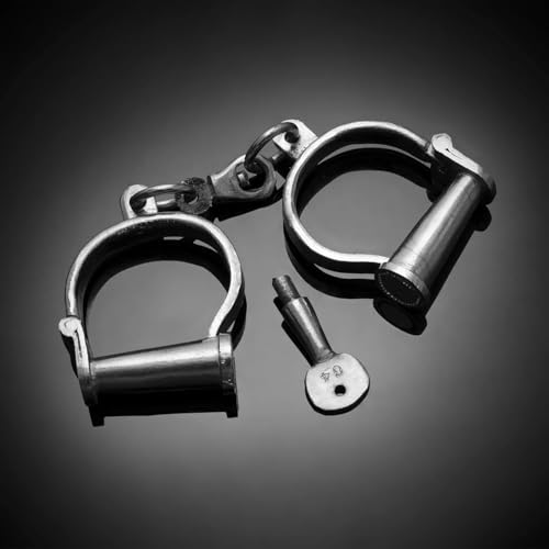 Image of Vintageware Heavy-Duty Carbon Steel Handcuffs with Removable Key, Chrome Finish, Non-Adjustable Metal Cuffs for Theatre, Stage Performances, Film Props, Costume Accessories & Historical Display
