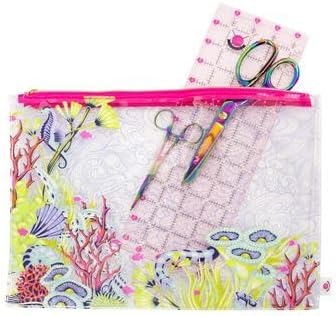 Tula Pink Floral Reef Medium Project Bag, Transparent with Pink Zipper, Undersea-Inspired Print, for Quilting Fabric, Yarn, Sewing Kits 14" x 10" with Gusset