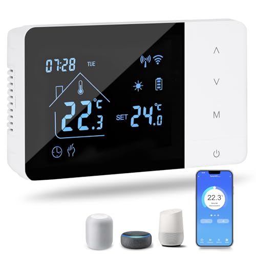 Termostato Caldaia, WIFI Termostato domestico digitale programmabile, Alimentato a batteria, Caldaia 2 fili compatibile con controllo vocale di Google e Alexa