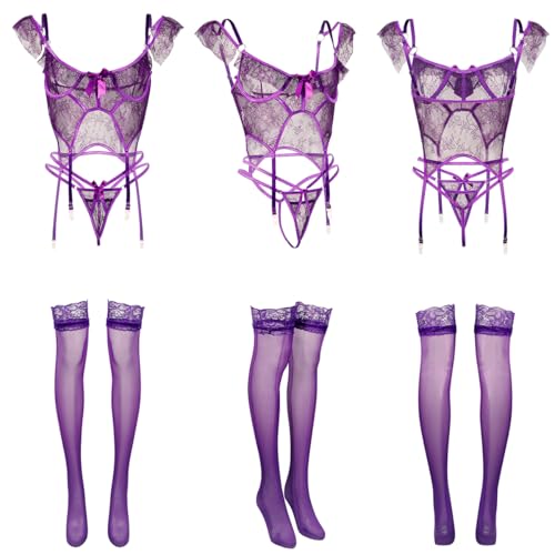 Sexy Dessous-Sets für Damen Body Damen mit Strapsen Sexy Pyjamas Dessous Set Spitzen Body Frauen Flirty Lingerie mit Bügel-BH und Höschen Strumpfhalter – Bild 4