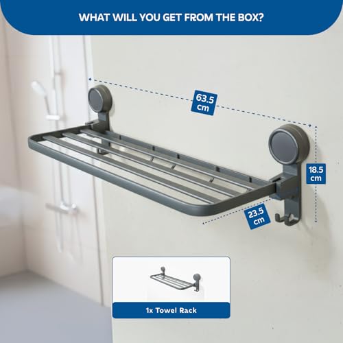 Image of Amazon Basics Suction Towel Rack for Bathroom, No Drill Wall Mounted Aluminum Towel Holder with Hooks, Self Adhesive Rustproof Bathroom Towel Hanger, Damage-Free Install