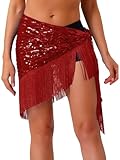 Manyakai Falda con Borlas Pañuelo de Cadera Danza del Vientre Mujer Falda de Cruzada de Triángulo Bufanda Lentejuelas de Baile para Espectáculo Rojo Talla única