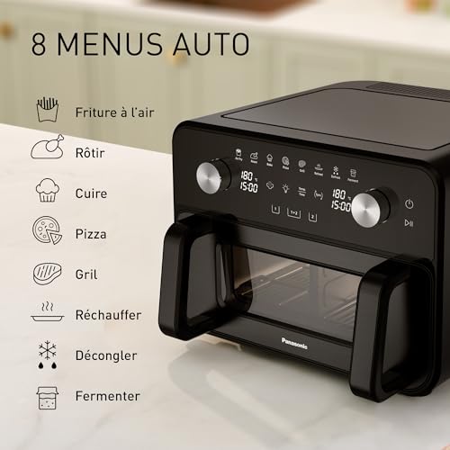 Panasonic NF-BC1000 Friteuse à Air Flexible 2-zones avec Fenêtre, XL Panier Flexible, Séparateur Amovible, 9,6L, 30°-230°C, Vapeur Douce, 8 Préréglages, Pizza 30cm, Nettoyage Facile, Noir