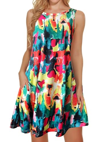 Beach Dresses for Women Summer Tshirt Floral Sundress Sleeveless Pockets Casual Loose Tank Dress(S2-COL,XL) Multicolor