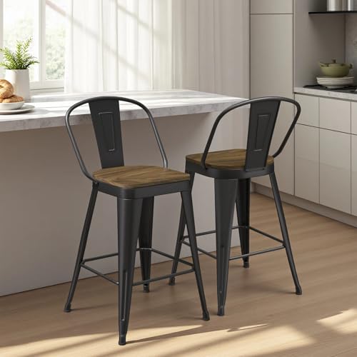 Butacos de Barra de 26 Pulgadas, Juego de 2 Unidades, con Espaldar Alto y Asiento de Madera, Butacos Industriales de Metal para Isla de Cocina (Negro Mate) miniatura 1