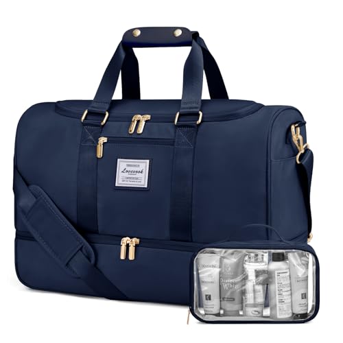 LOVEVOOK Sporttasche Reisetasche Damen, Weekender Travel Bag mit Kulturtasche, Schuhfach & Nassfach, Wasserdicht Carry on Bag Overnight Bag, Handgepäck Tasche für Fitness Urlaub Camping, Blau