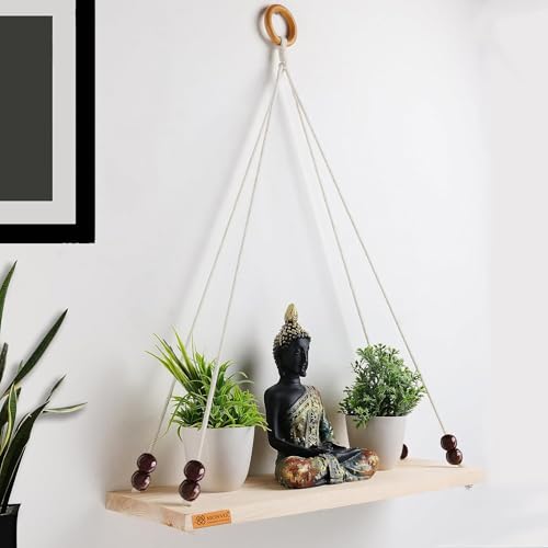 Image of Hanging Shelf with Magic Hook, Use Decor Plants, Books, Decorative Gift Items Nursery Livingroom Wooden Beads & Ring Woven Bohemian Chic for Dorm (Black Beads, Medium)