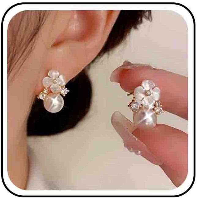 Boho Wedding Mini Pearl Stud Earrings Simple Gold Elegant Small White Flower Earrings Prom Sparkling Dainty CZ Tiny Drop Dangle Small Delicate Minimalist Trendy Jewellery for Women