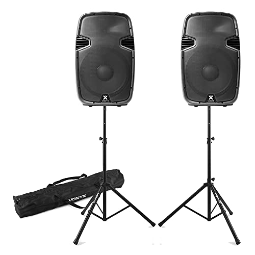 VONYX SPJ-15 Active Bluetooth DJ Speaker System (Pair) with Tripod Stands & Carry Bag - 1600W Powered PA Speakers Set, USB/SD MP3, Wireless Audio for Parties & Events