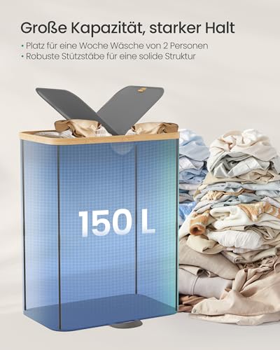SONGMICS Wäschekorb 2 Fächer, Wäschesammler, 150 Liter, Wäschesortierer mit Deckel, Wäschetonne, Wäschesäcke herausnehmbar, für Waschküche, Schlafzimmer, Wohnzimmer, schiefergrau-naturbeige LCB523G01