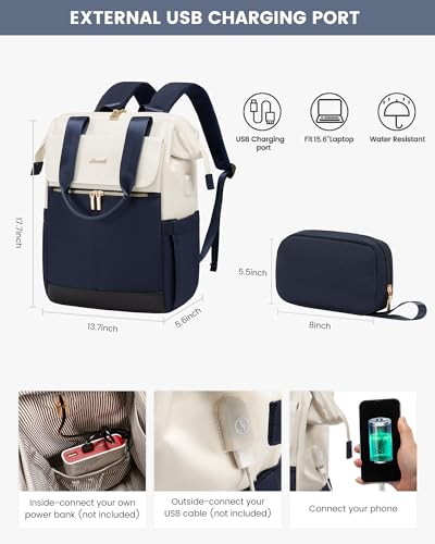 Image of LOVEVOOK Laptop Backpack for Women, 15.6 Inch Work Laptop Bag with USB Port, Fashion Teacher Nurse Backpack Purse, Waterproof Travel Computer Backpack with Organizer Bag, 2PCS,Beige - Navy