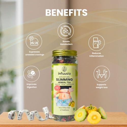 Image of Infuusio Slimming Herbal Tea, 50g, Green Tea Blend with Garcinia Cambogia, Senna, Amla, Lemongrass, Rose, Hibiscus for Weight Management, Metabolism Support (Pack of 3)