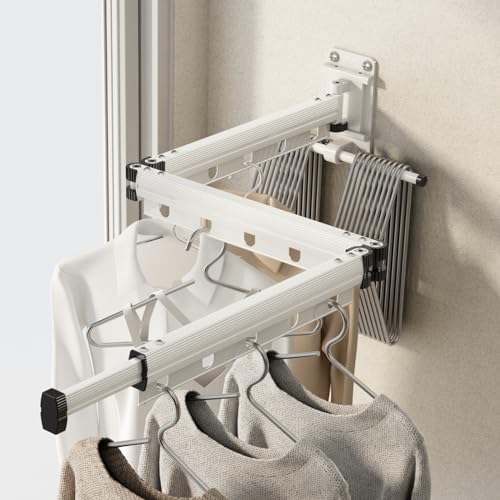CICUFY Clothes Drying Rack Wall Mounted Foldable Laundry Drying Rack Collapsible/Retractable Space Saving Laundry Hanger Dryer Rack with Additional Bar-Matte White