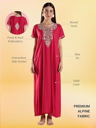 Image of 9shines Label Stylish Alpine Nighty Maxi for Women | Full Length Trendy Nightgown | Premium Nightdress | Nightwear | Heavy Embroidery Nighty with Pockets(2891)