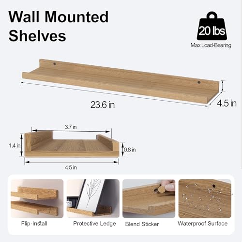 Image of Oak Floating Shelves for Wall Decor, 24 in Shelf with Lip, 2 Set
