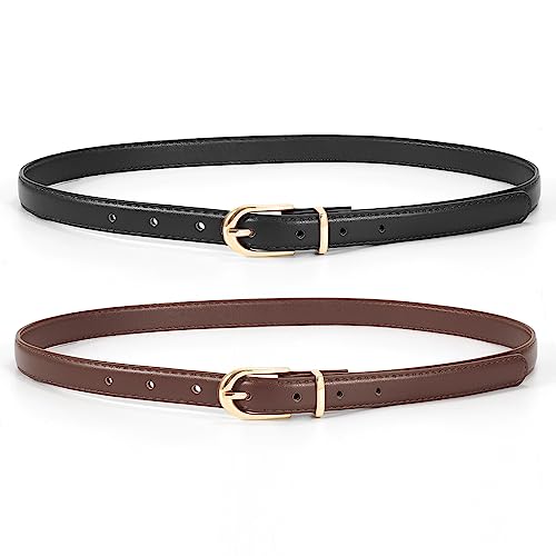 JASGOOD 2 Pack Womens Skinny Leather Belt Ladies Thin Faux Leather Belt with Gold/Silver Buckle for Jeans Dress Pants