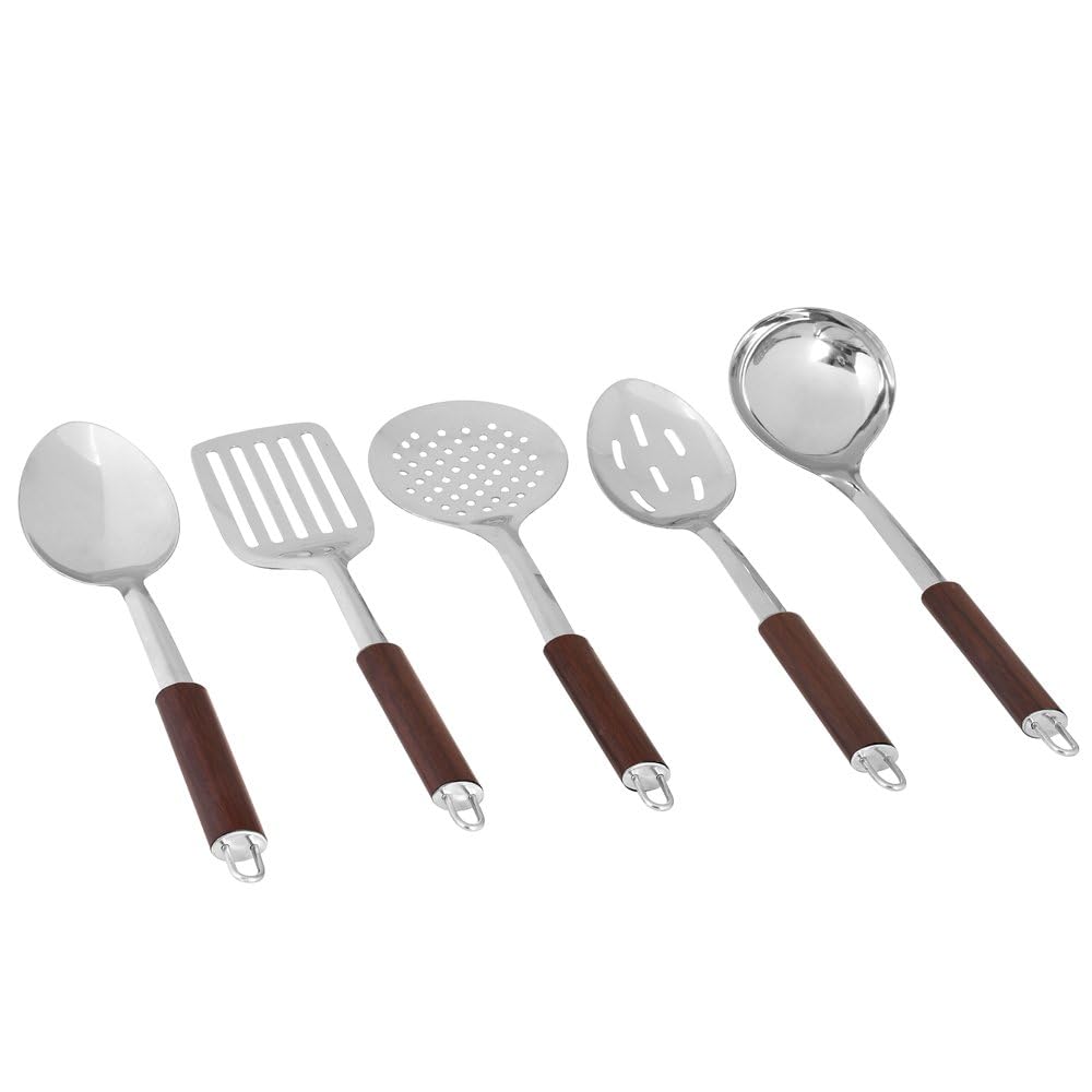Kosma Kitchen Utensil Set including Holder, 7-Piece Stainless Steel and Wood Finish Handle Cooking Tools, Brown - Image 2