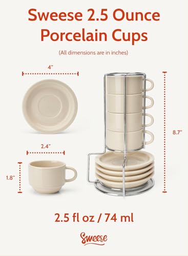 Image of Sweese Porcelain Espresso Cups Set, 2.5 oz, Stackable with Saucers Metal Stand, Beige, 4 Pack