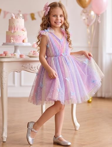 Image of IMEKIS Toddler Kids Girls Butterfly Dress Sparkle Sequins Tulle Wedding Formal Birthday Dresses 2-10T