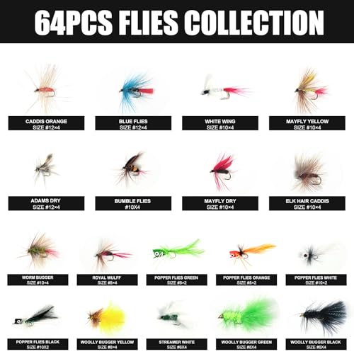 TWUROTI 64PCS Fly Fishing Flies Assortment Kit for Trout Bass, Dry/Wet Flys Fishing Lures | Popper Woolly Bugger Flies with Waterproof Fly Box