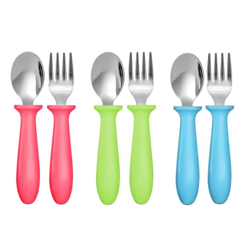 Image of Pimoys 6 Pieces Toddler Utensils Forks and Spoons Kids Silverware Set Stainless Steel Toddler Silverware - Plastic Handle for Self-Feeding Training Daily Meals and Travel Use Dishwasher Safe