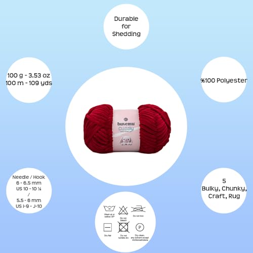 Image of Cuddly Velvet Chenille Yarn, Super Soft Fluffy Bulky for Knitting Crocheting Crafting Blanket Amigurumi, Durable for Shedding, 100 Gram (3.53 Ounces) 109 Yards (100 Meters) (Crimson Red)