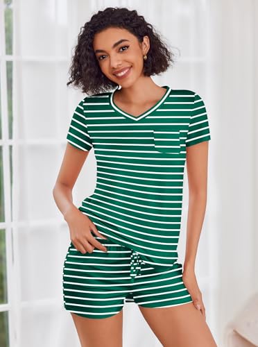 Image of Ekouaer Womens Pajama Sets Short Sleeve Pajamas for Women Sets Soft Lounge Sets Casual V Neck Sleepwear PJS