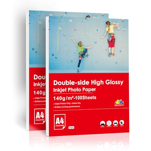 Inkuway - Papel fotográfico para impresora (140 Gsm, A4, 200 hojas, para presentaciones, folletos, impresión a doble cara, impresión de inyección de tinta
