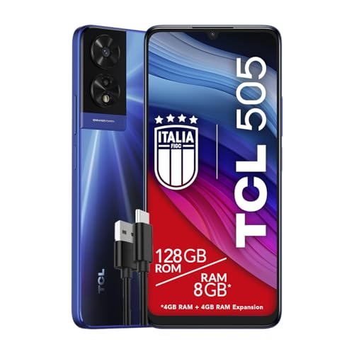 TCL 505 - Smartphone 4G Display 6.75 HD+ 90Hz, 128GB, 8GB RAM (4+4GB RAM expansion), 50Mp Hybrid camera, Android 14, Batt. 5010 mAh, Dual Sim, Ocean Blue, Cavo USB Type-C Aggiuntivo