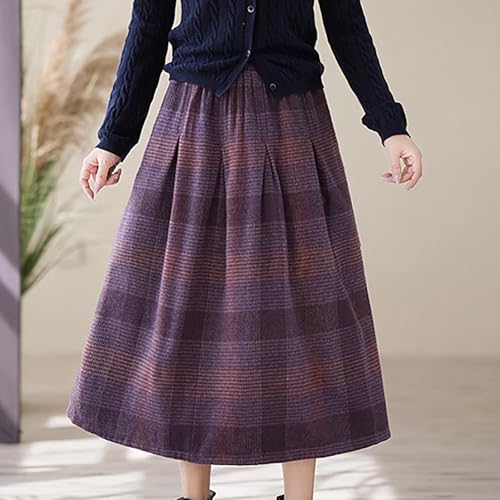 Womens Plaid Skirts Elastic Waist A-Line Pleated Tartan Long Skirts 2025 Fall Winter Retro Woolen Plaid Skirt3