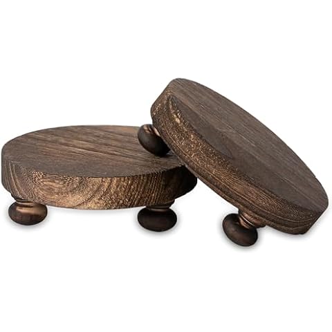 Romadedi Farmhouse Wood Riser for Display- 2 pcs Rustic Decor Mini Wooden Pedestal Decorative Round Tray for Home Table Bathroom Counter Shelf Kitchen, Brown Cover