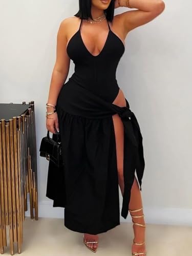 Image of Two Piece Skirt Set Women Sexy Halter Backless Bodysuit and Wrap Tied High Split Summer Maxi Skirt Set