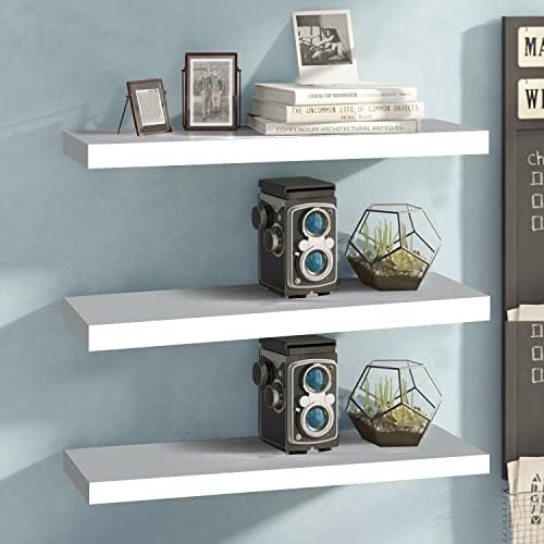 Set of 3 Floating Shelves,Wall Mounted Floating Storage Shelves,White Finish Wall Mount Shelf Sets, Wood Wall Shelves for Decor and Display,Be Used for Kitchen, Bathroom,Living Room, Bedroom and More.