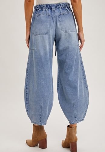Women Barrel Jeans Casual Wide Leg Baggy Elastic Low Rise Boyfriend Y2k Loose Denim Pants with Drawstring3