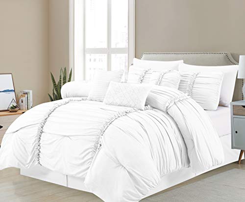 Casa Platino 7-Piece Comforter Set, Bed-in-a-Bag King Size, Premium Solid Fashion Bedding Sets (1 Comforter, 2 Pillow Sham, 3 Decorative Pillows, 1 Bed Skirt)- King, White