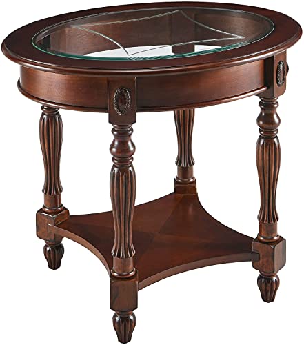 PADMA HOUSE Massivholz-Beistelltisch mit gehärtetem Glas, ovaler runder Sofatisch mit Ablagefläche, Seitliche Schnitzereien Vintage-Stil, Nussbaum Cover