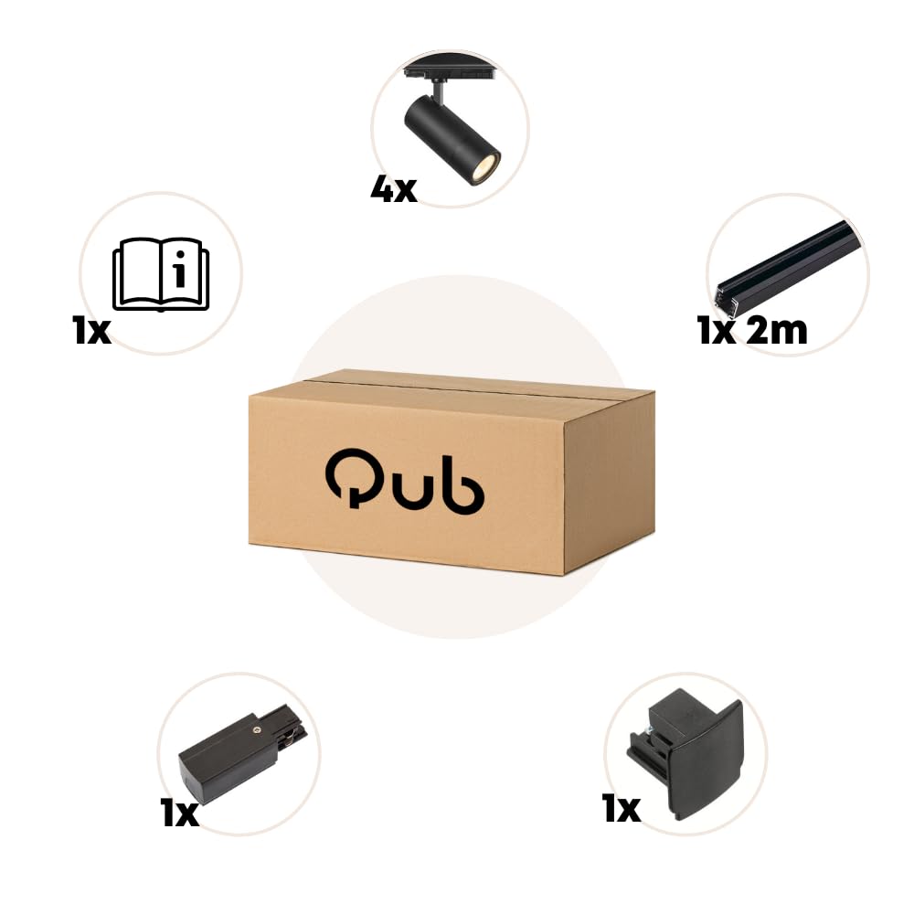Qub - Kit d'éclairage de rail Zoom LED - Noir, 2 mètres, 4 spots, 3 phases - Luminosité réglable 20/25/30W et couleurs de lumière de la lumière chaude à la lumière du jour (2700K, 3000K et 4000K)