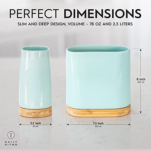 Large Kitchen Utensil Holder For Countertop With Bamboo Wooden Base | Minimalistic Cooking Utensils | Aqua Teal Blue Green Ceramic Tool Crock | Cylindrical Oval Shape | Narrow Spatula Organizer #TOP3