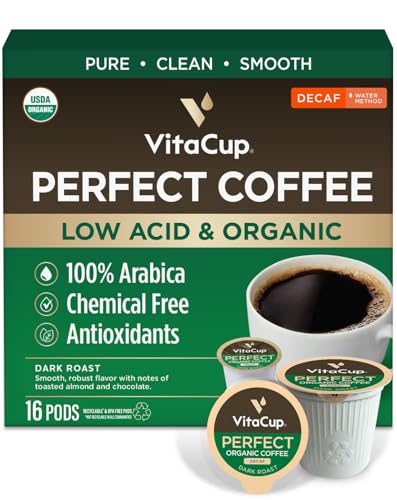 VitaCup Organic Perfect Dark Roast Decaf Coffee Pod for Pure & Clean Energy, Antioxidants, Low Acid, Peru Single Origin in Recyclable Single Serve Pod compatible w/Keurig K-Cup Brewers,16CT