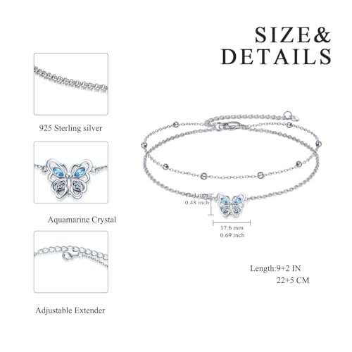 Image of POPLYKE 925 Sterling Silver Double Layered Chain Evil Eye Daisy Sunflower Butterfly Anklets for Women Holiday Beach Crystal Ankle Bracelet Dainty Evil Eye Jewelry