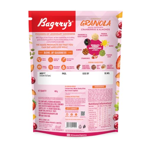 Image of Bagrry's Superfood Granola Exotic Fruits with Cranberries & Almonds 400g - 75% Fruits, Nuts, Seeds & Grains | 13 Nutrient-Packed Superfoods | 100% Plant-Based | High in Fibre & Protein | Healthy Breakfast Cereal | Multigrain Cereal | 100% Baked Granola | No Palm Oil