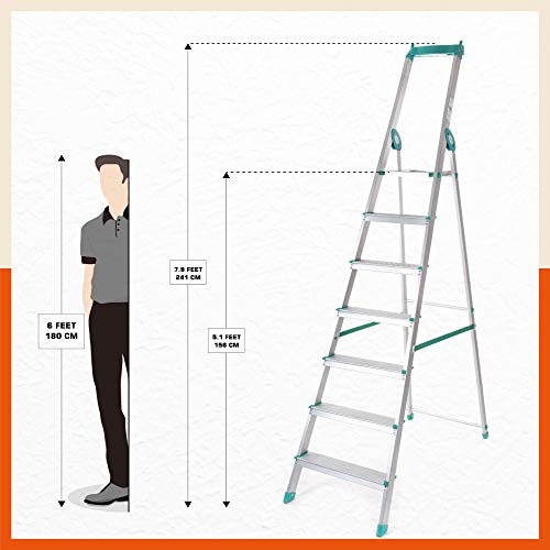 Image of Bathla Elevate 7-Step Foldable Aluminium Ladder for Home with Tool Tray | Anti-Skid | Durable, Heavy Duty, Safe & Stylish | 5-Year Warranty | Teal