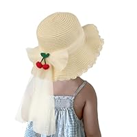 Strohhut Kinder Mädchen Kleinkind Sonnenhut Süßer Sommer Breite Krempe Strandhut Anti-UV Spitze Strandkappe Strand Hüte Rund Mütze Sommerhut mit Kirsche Dekoration Schleife für Urlaub Reise (Beige)