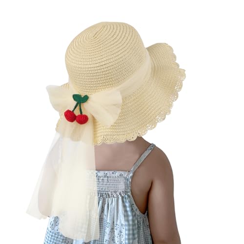 Strohhut Kinder Mädchen Kleinkind Sonnenhut Süßer Sommer Breite Krempe Strandhut Anti-UV Spitze Strandkappe Strand Hüte Rund Mütze Sommerhut mit Kirsche Dekoration Schleife für Urlaub Reise (Beige)