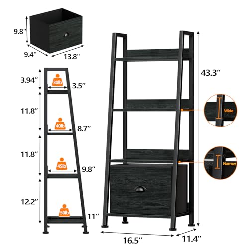 Image of Furologee 4-Tier Ladder Shelf, Ladder Bookshelf with Removable Drawer, Bookcase Storage Rack Organizer, Freestanding Storage Shelves for Living Room, Home Office, Bedroom, Black Oak
