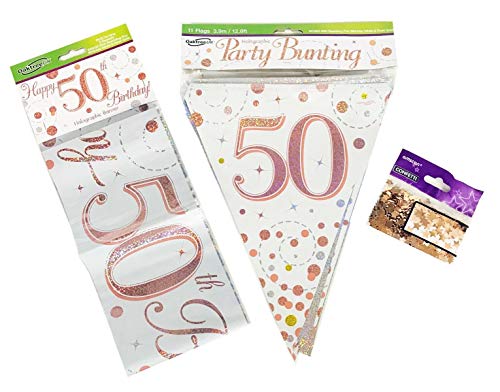 50th Birthday Decoration Age 50 Decorations Kit Banner Bunting Confetti Rose Gold FANCYDRESSCOZ FDC Him Her Men Women