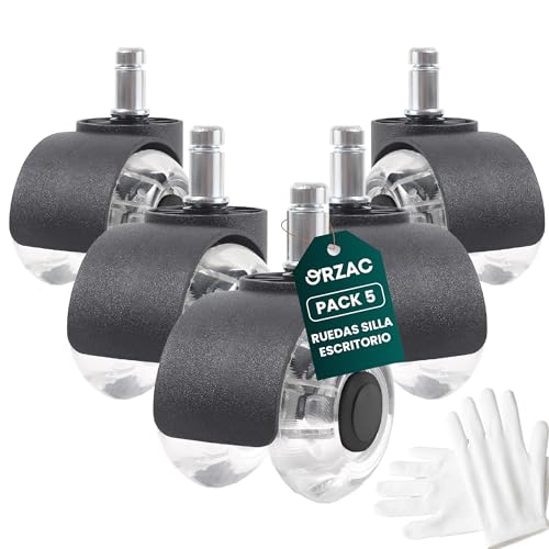 ORZAC® Ruedas Silla Oficina Transparentes Diametro 5 cm– Set de 5 Ruedas Dobles de Poliuretano Silenciosas – Ruedas para Sillas Gaming y Oficina 11/22 mm – Incluye Guantes